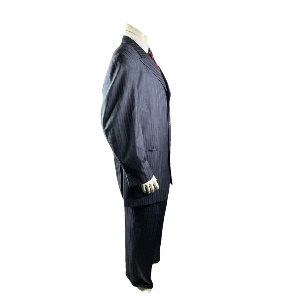 VERSINI European Men Suit 46R 40x31 Navy Striped 100% Wool Jacket Pants Set
